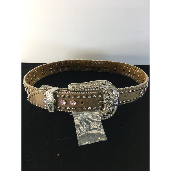 Nocona Western Belt with Buckle Beads Studs & Rhinestones Brown Size 24in NWT - Picture 1 of 13